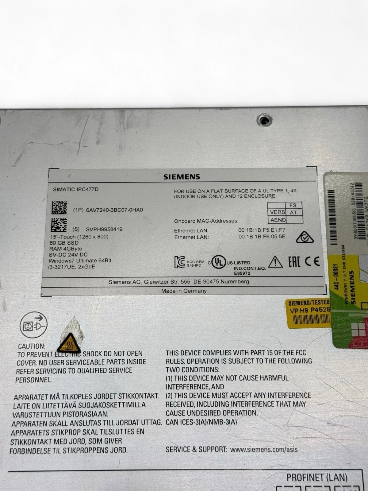 Siemens SIMATIC HMI 6AV7240-3BC07-0HA0 Industrial Touch Panel
