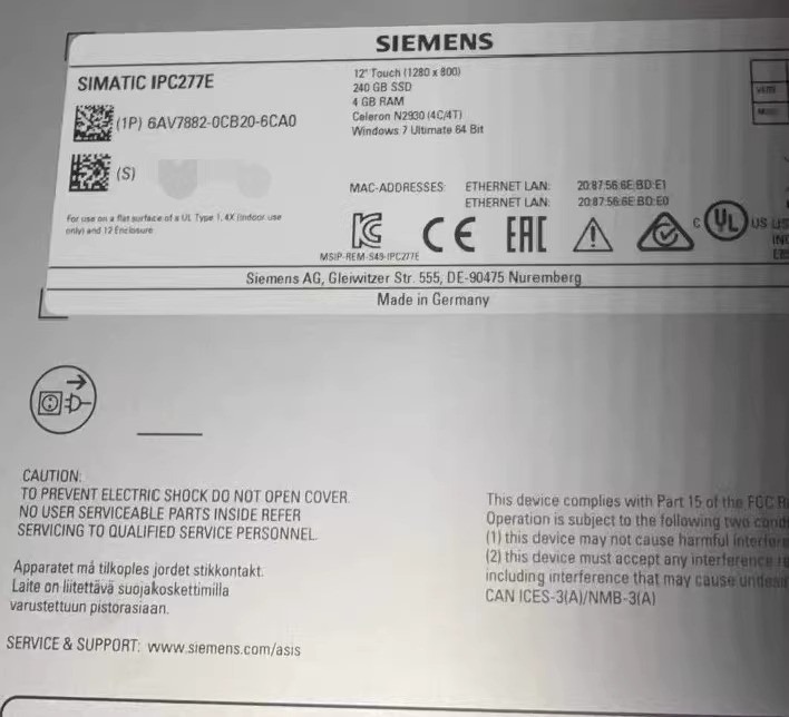 Siemens 6AV7882-0CB20-6CA0 SIMATIC Panel PC Industrial HMI Operator Panel