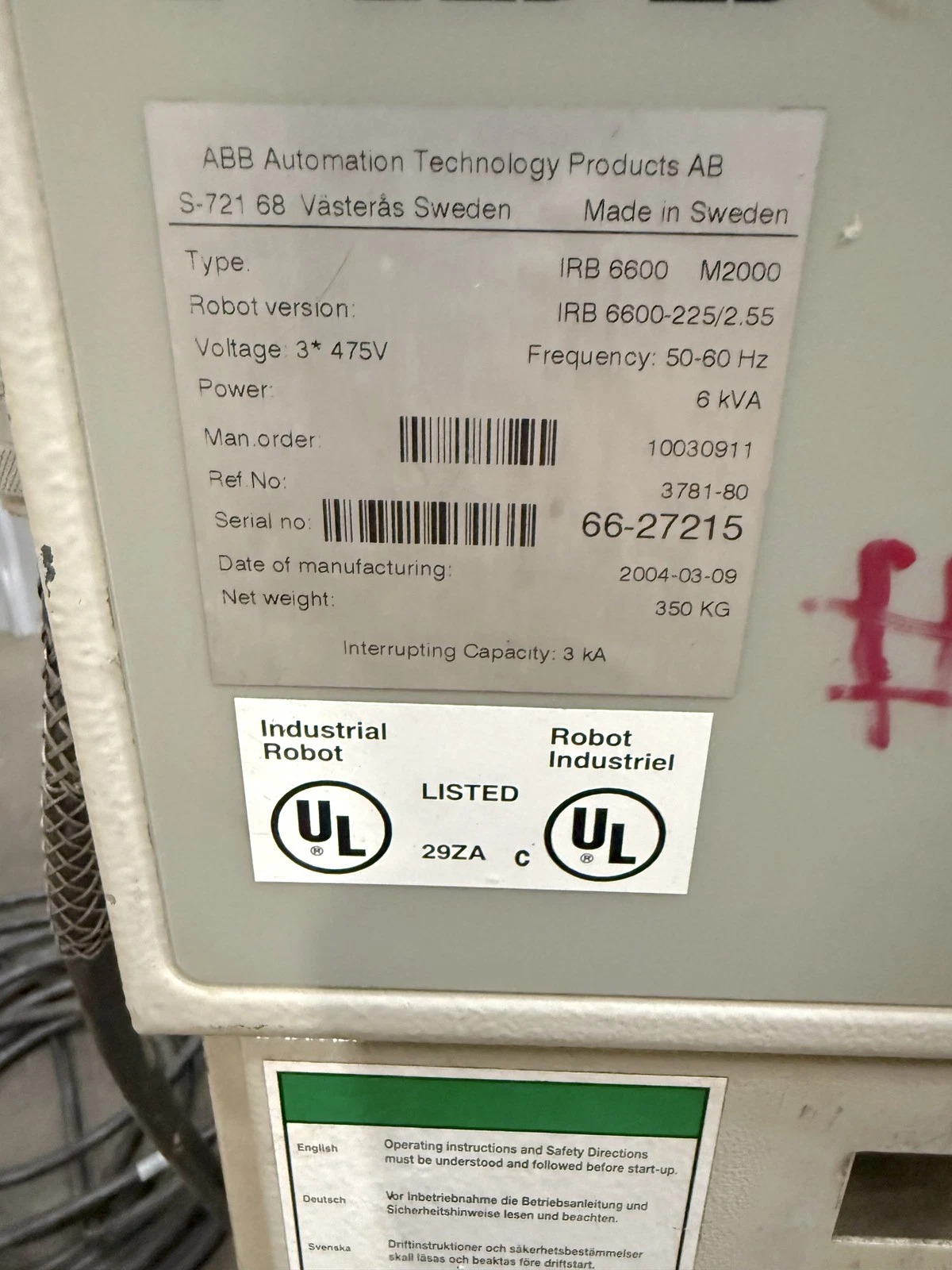 ABB IRB 6600-225/2.55 Robot with M2000 Control 225 Payload 2.55m Reach