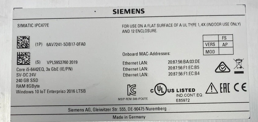 Siemens 6AV7241-5DB17-0FA0 SIMATIC HMI Panel Industrial