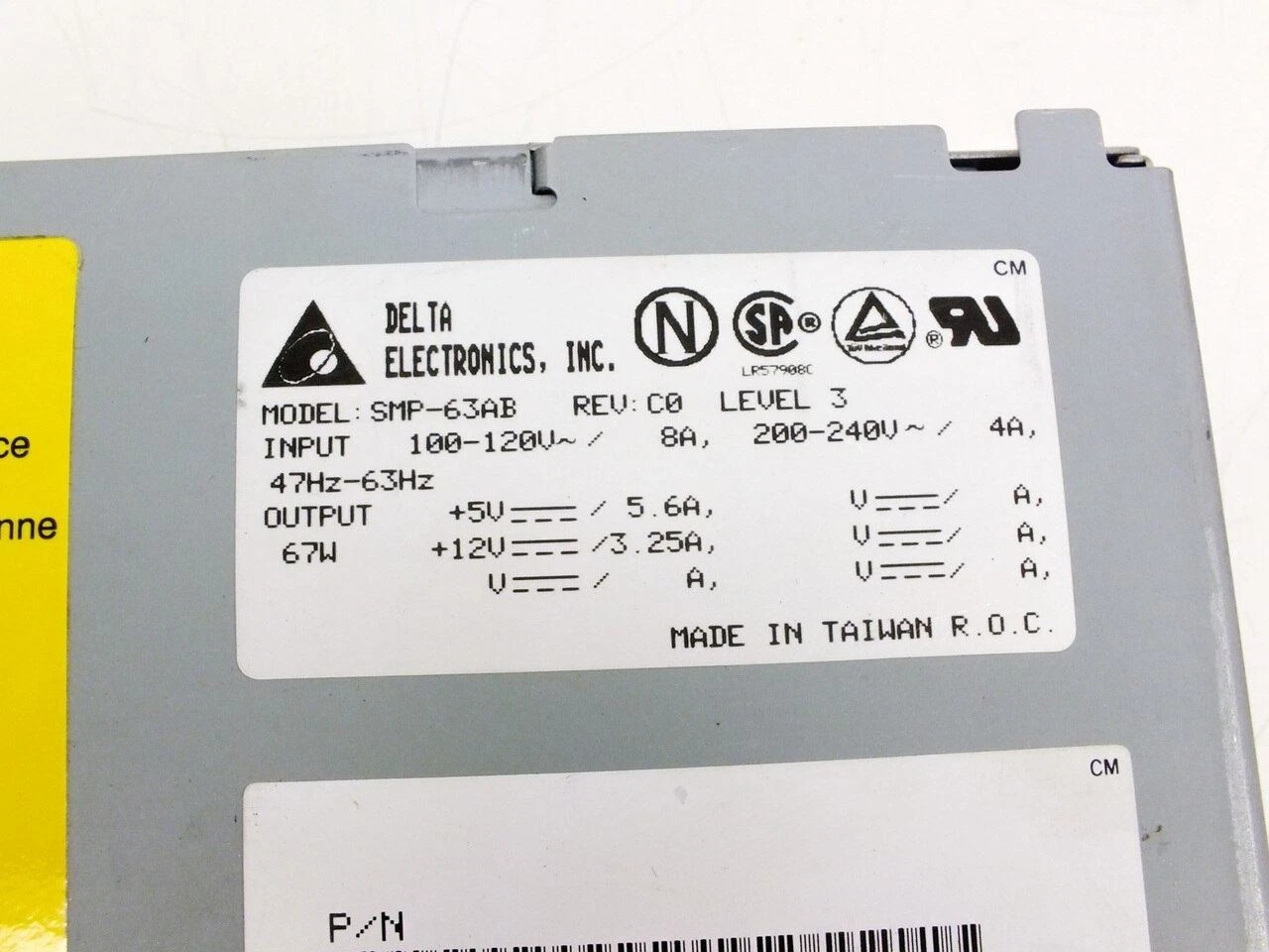 Delta SMP-63AB 67 Watt Industrial Computer Power Supply 100-120V/8A 200-240V/4A