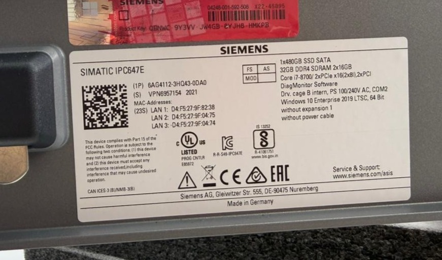 SIEMENS 6AG4112-3HQ43-0DA0 SIMATIC IPC647E RACK PC