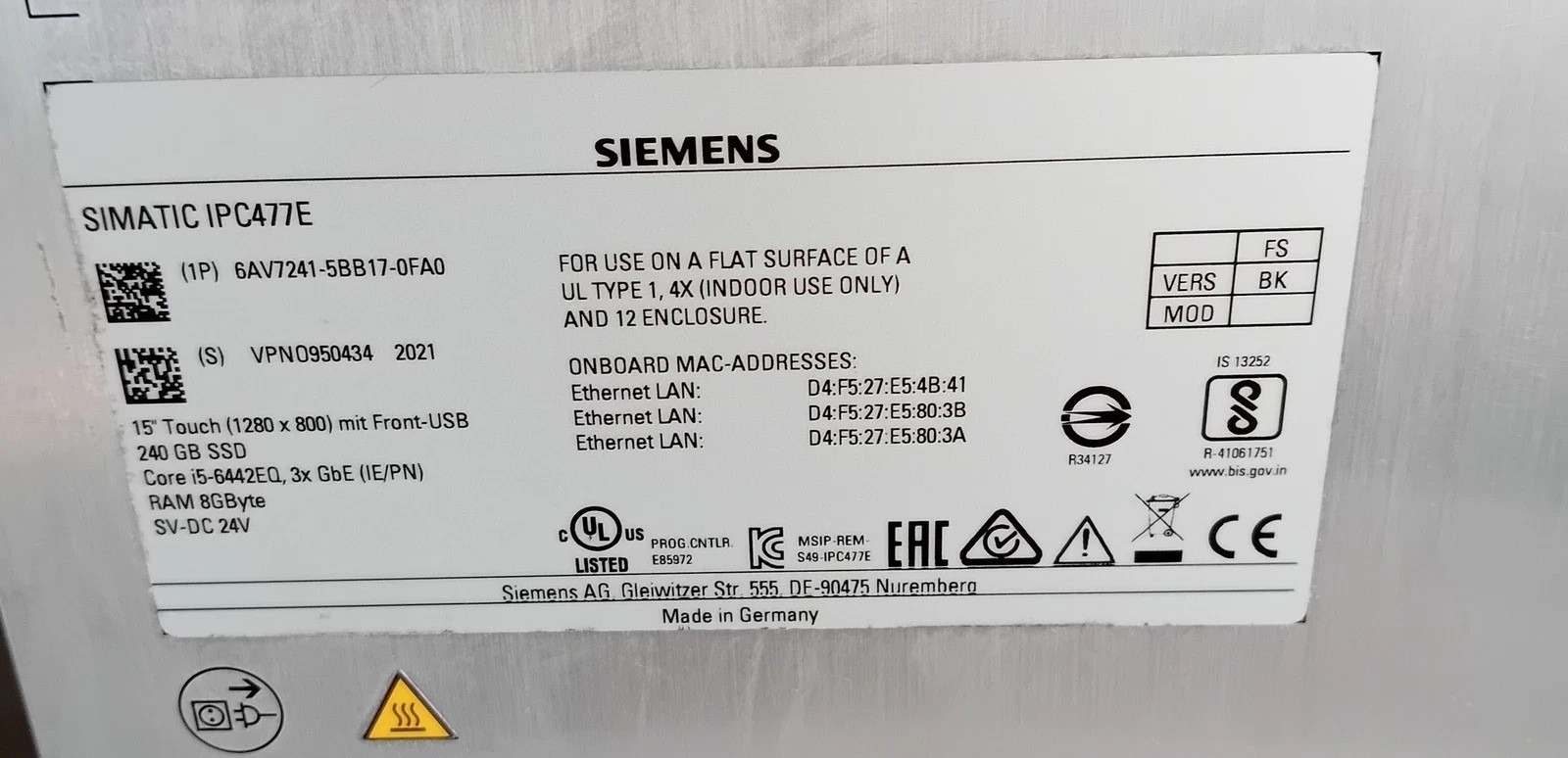 Siemens 6AV7241-5BB17-0FA0 SIMATIC HMI Panel