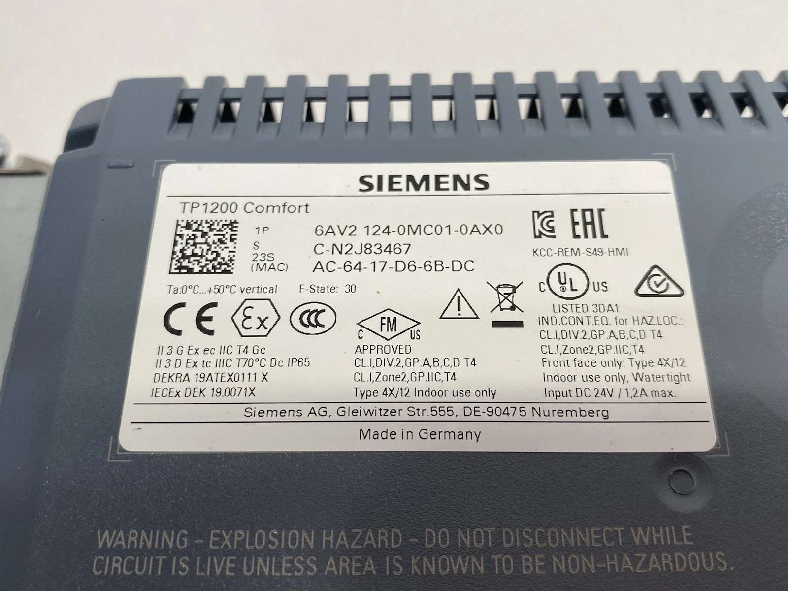Siemens TP1200 Comfort 6AV2124-0MC01-0AX0 12 Inch Industrial HMI Touch Panel