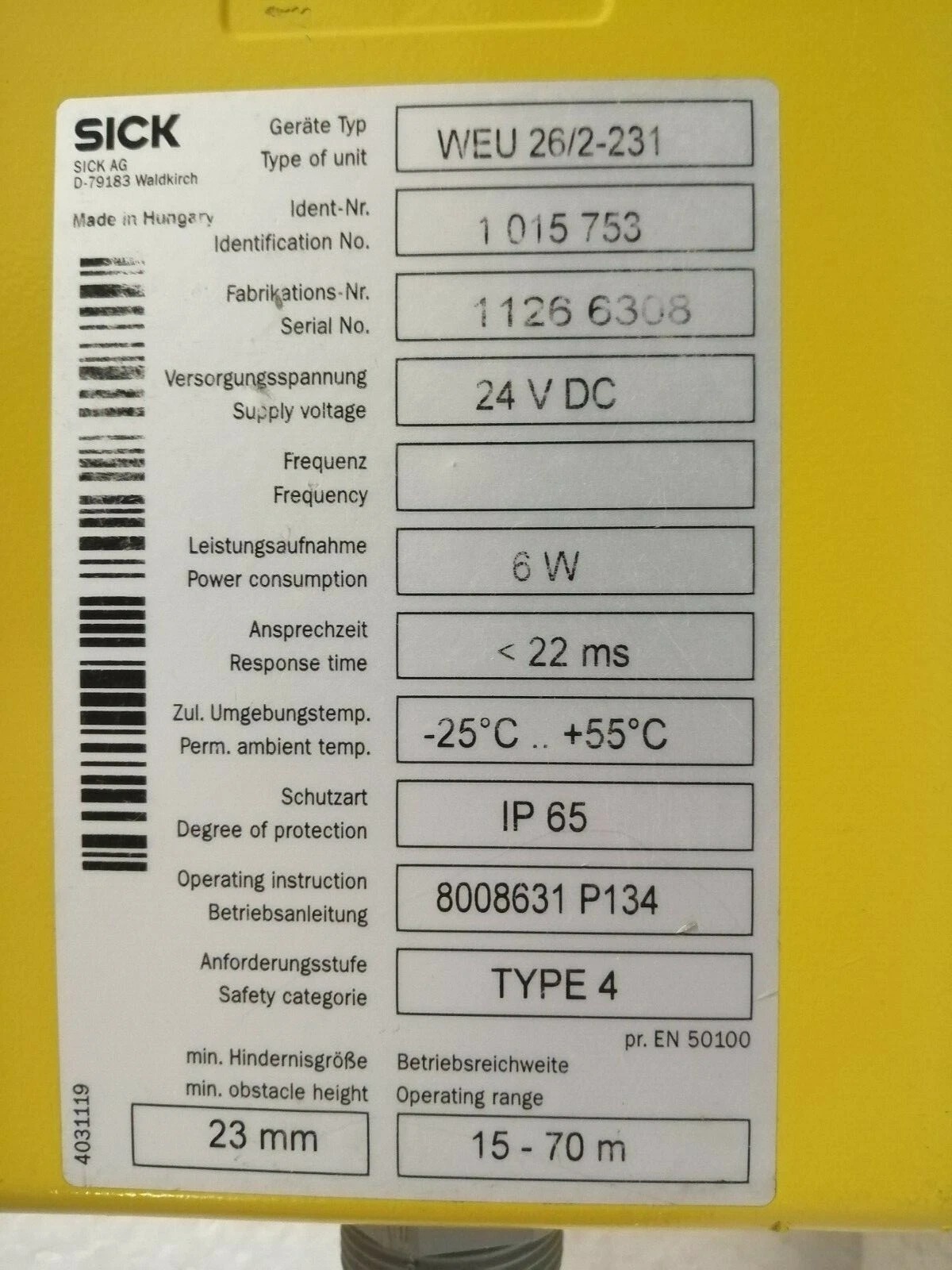 SICK WEU 26/2-231 Photoelectric Safety Switch | 1015753 | Industrial Safety Sensor | In Stock