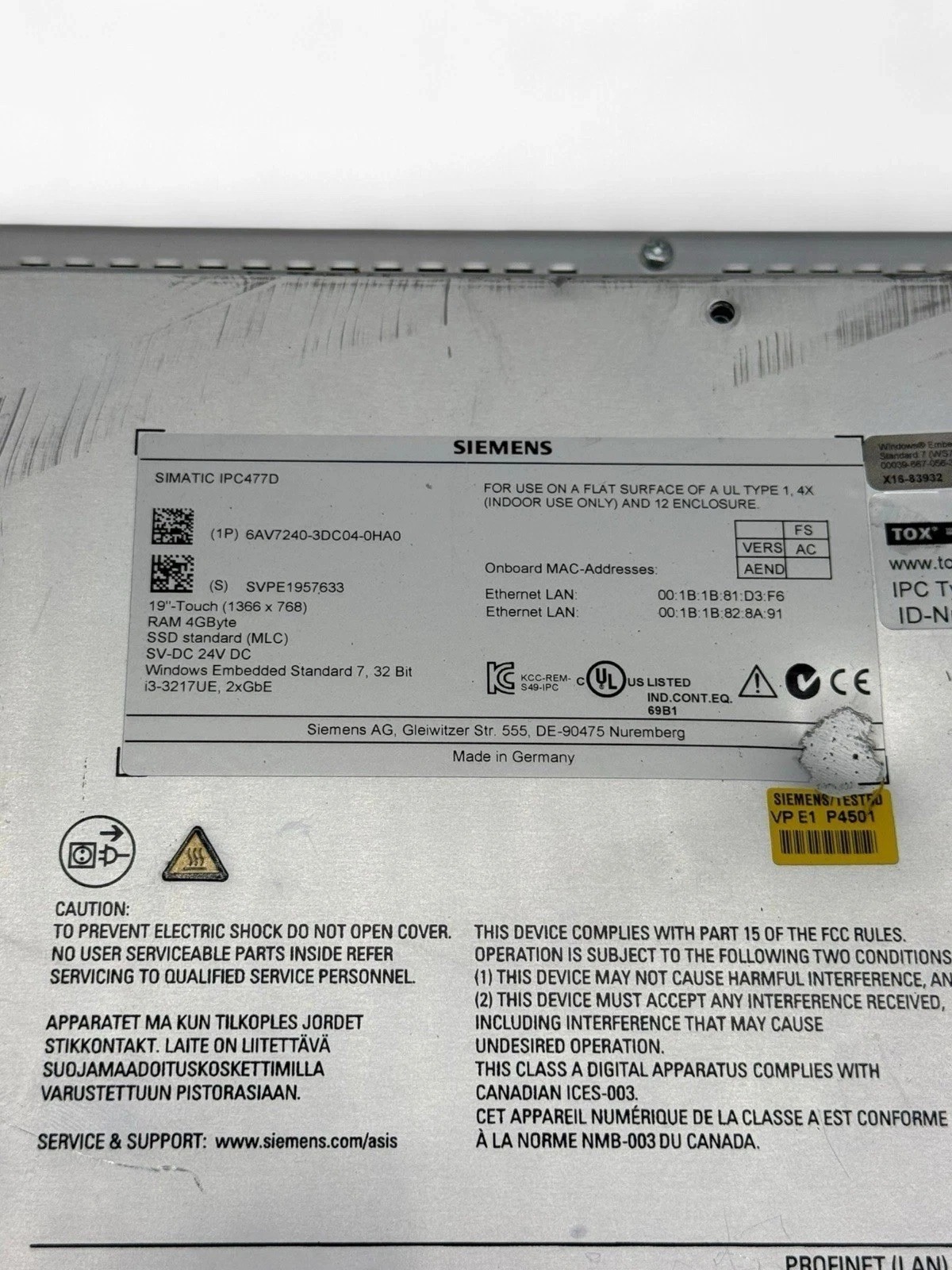 Siemens SIMATIC HMI 6AV7240-3DC04-0HA0 Industrial Touch Panel