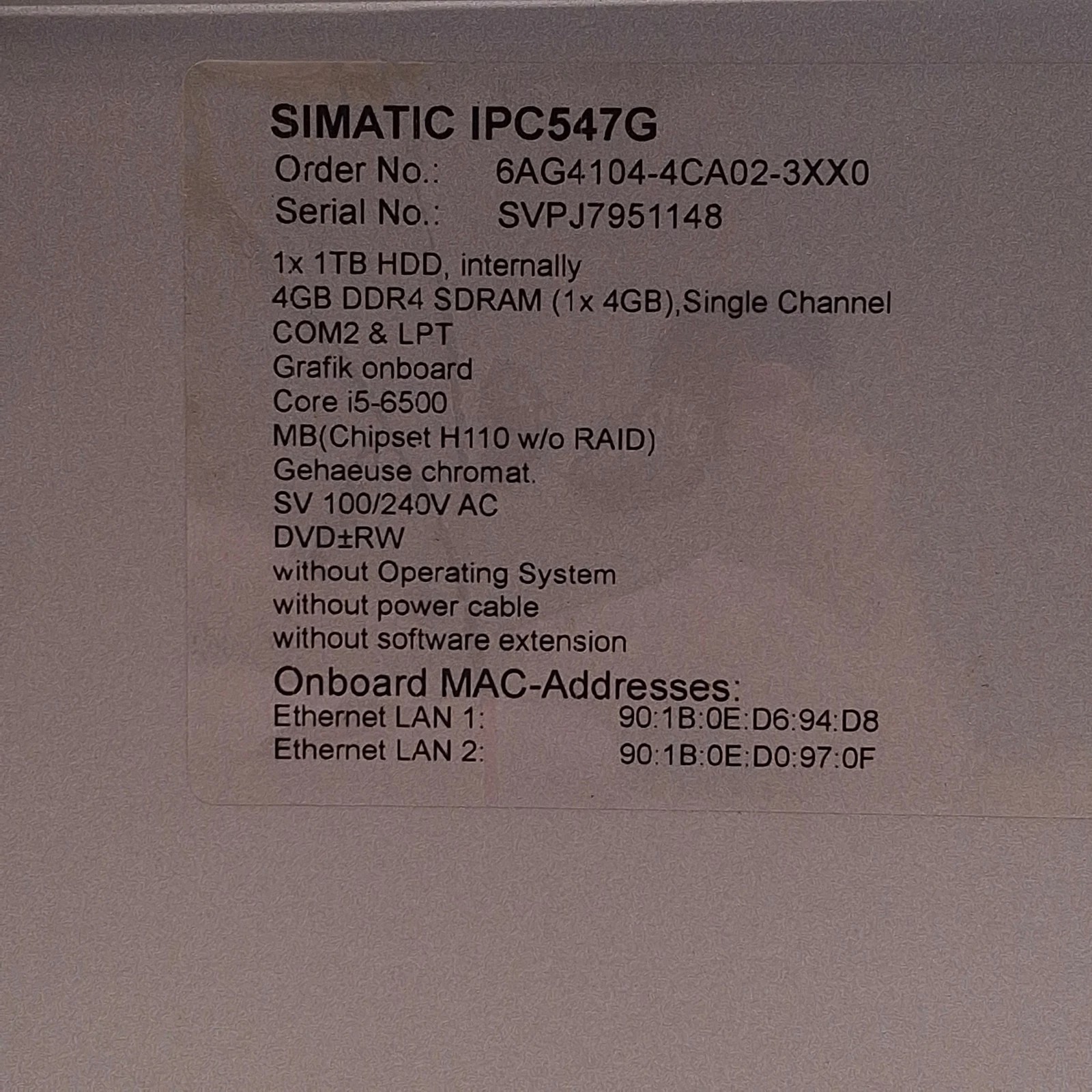 Siemens 6AG4104-4CA02-3XX0 IPC547G Industrial Computer 1TB Core i5-6500