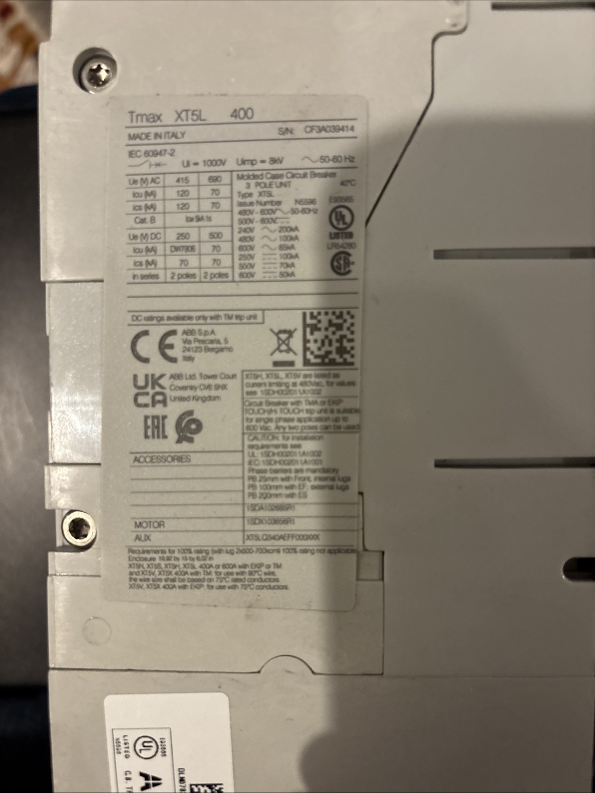 ABB SACE TMAX XT5 H 400 - ABB 400 amp breaker XT5HU340AFYN000XXX